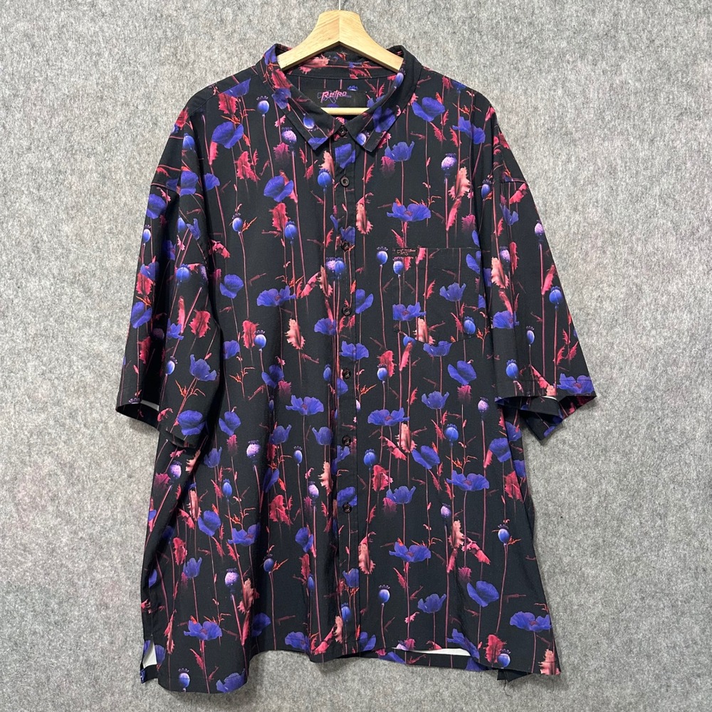 Retro Rifle Button Down Shirt Mens Large Black Poppy Floral Short Sleeve Stretch